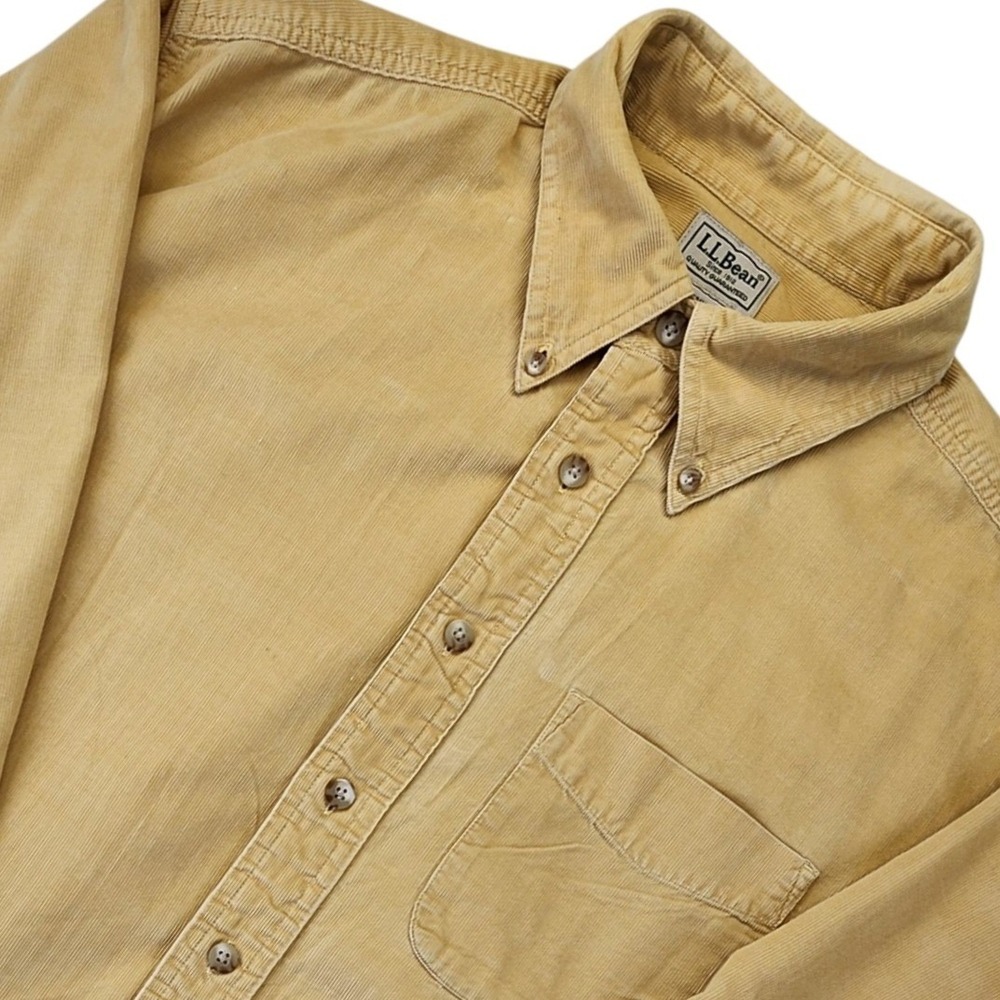 LL Bean Mens Large Yellow Corduroy Button Down Long Sleeve Shirt Boxy Cotton
